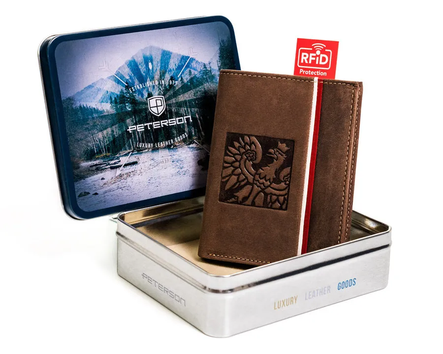 Vertical Leather Wallet Embossed with Square Polish Eagle & White and Red Trim