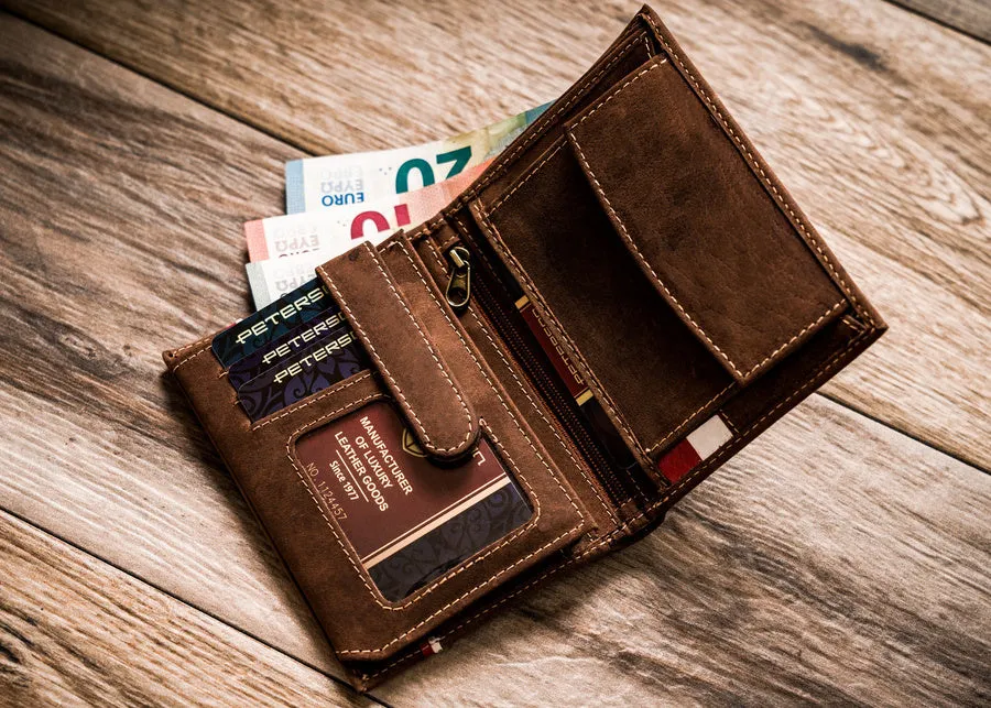 Vertical Leather Wallet Embossed with Square Polish Eagle & White and Red Trim