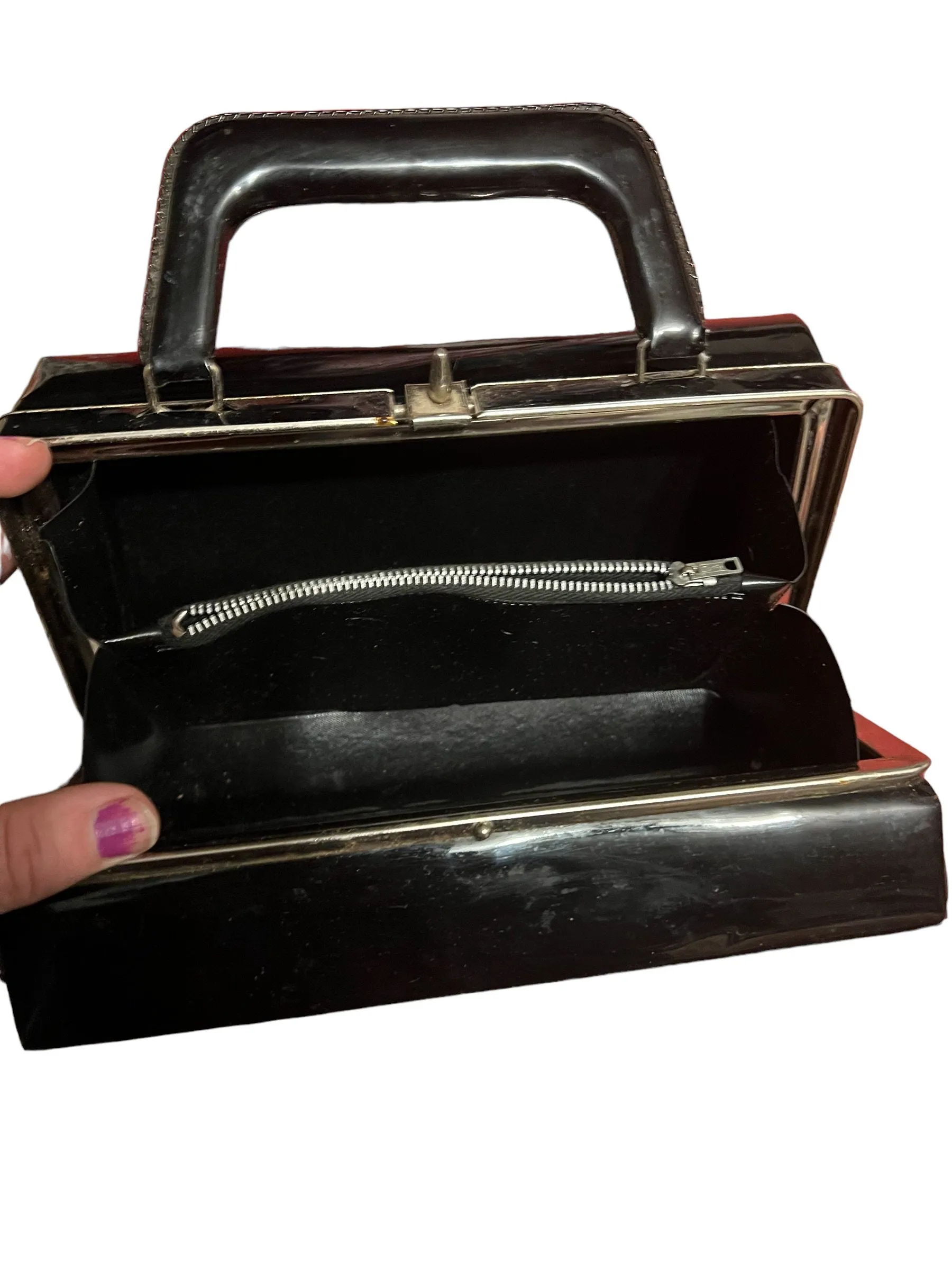 Vintage 60's black leather patent box purse