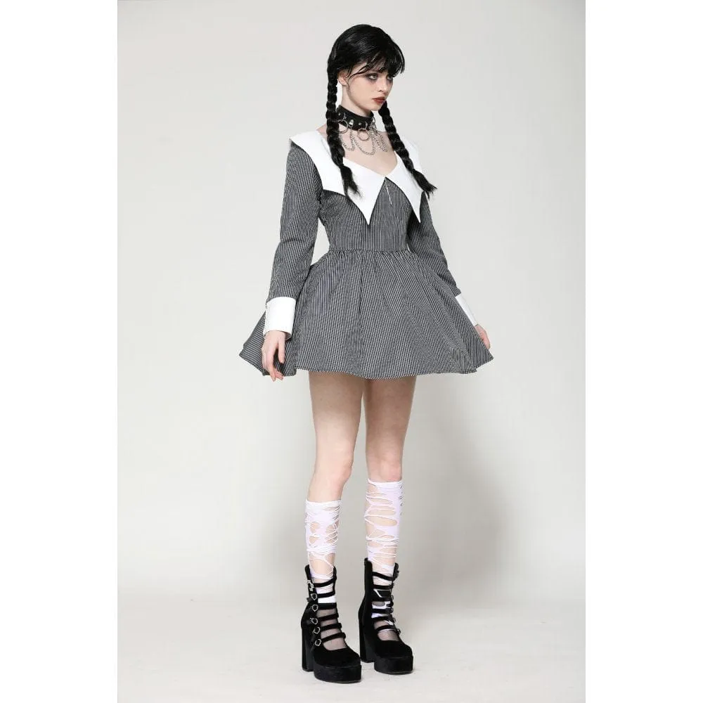 Women's Gothic Lolita Bat Striped Short Dress Gray White