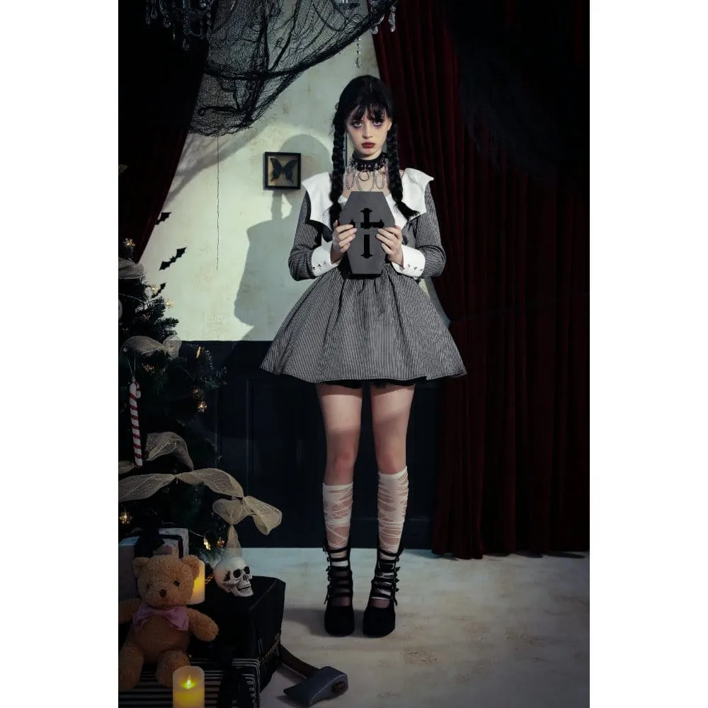 Women's Gothic Lolita Bat Striped Short Dress Gray White