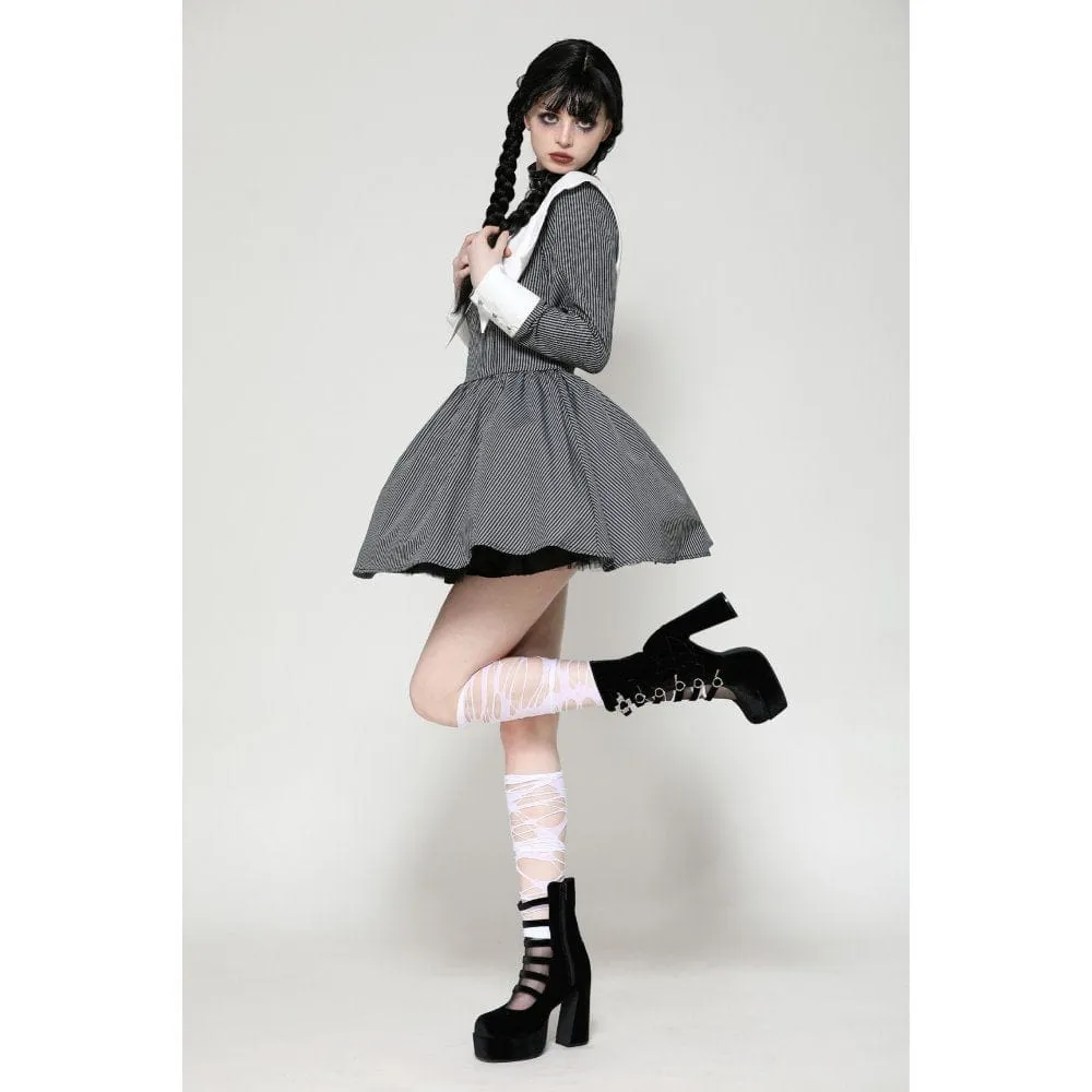 Women's Gothic Lolita Bat Striped Short Dress Gray White