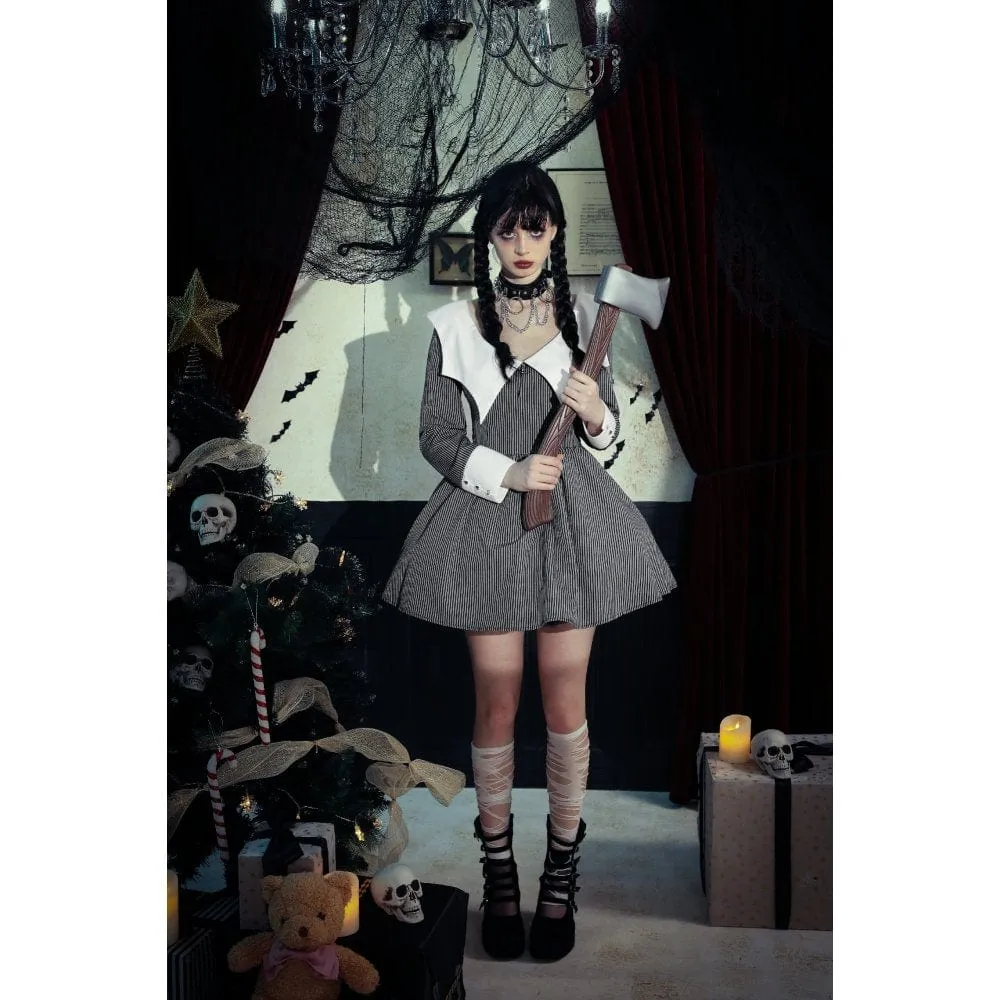 Women's Gothic Lolita Bat Striped Short Dress Gray White