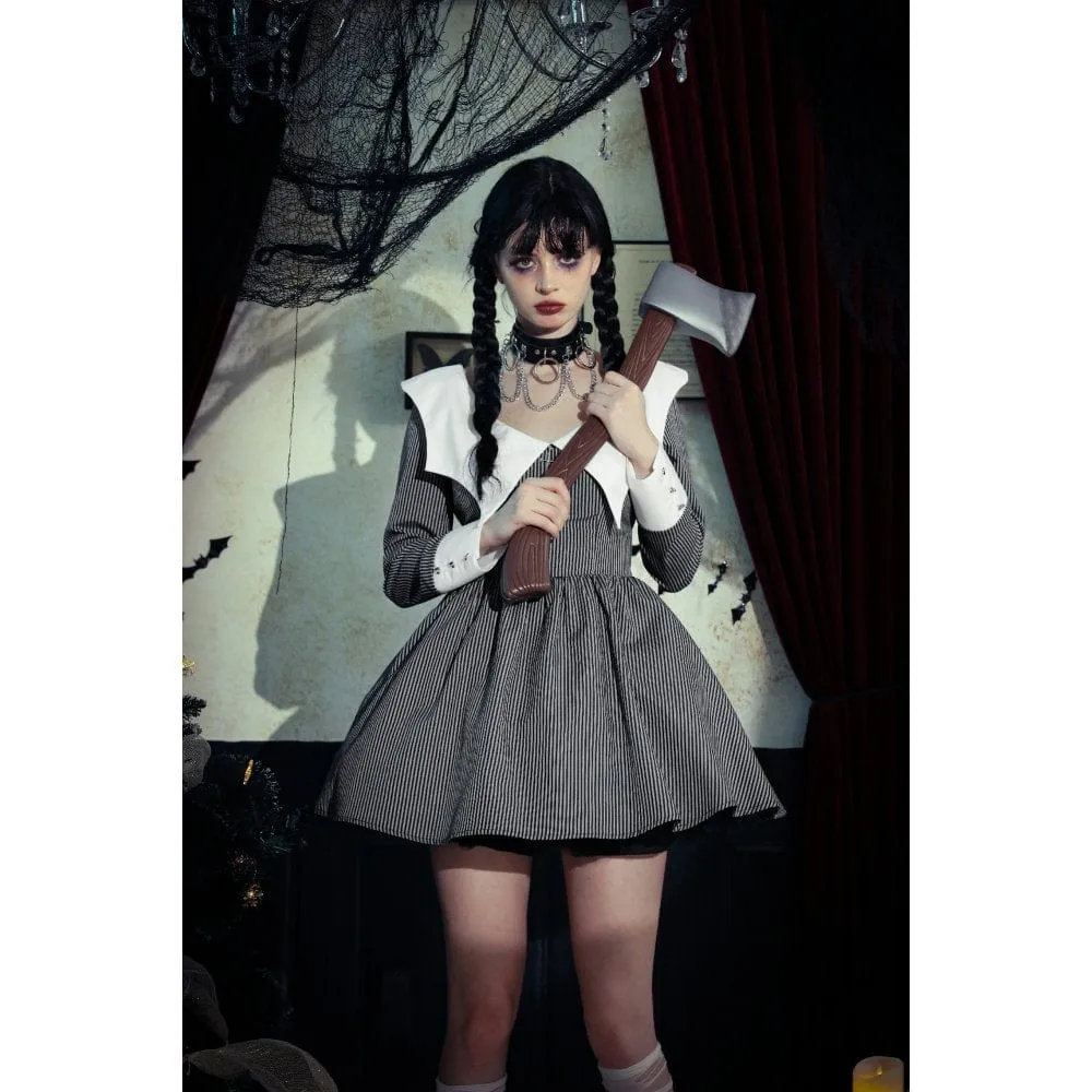Women's Gothic Lolita Bat Striped Short Dress Gray White