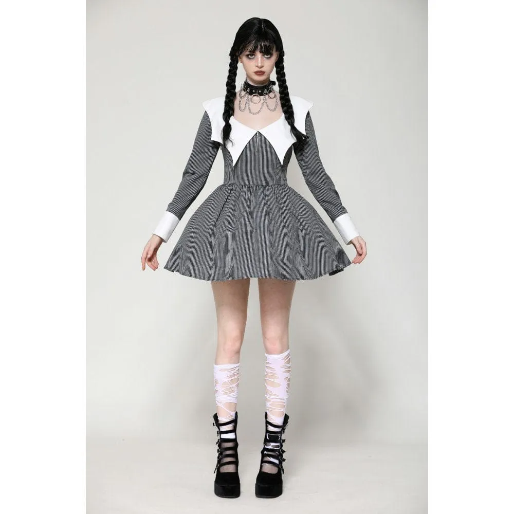 Women's Gothic Lolita Bat Striped Short Dress Gray White