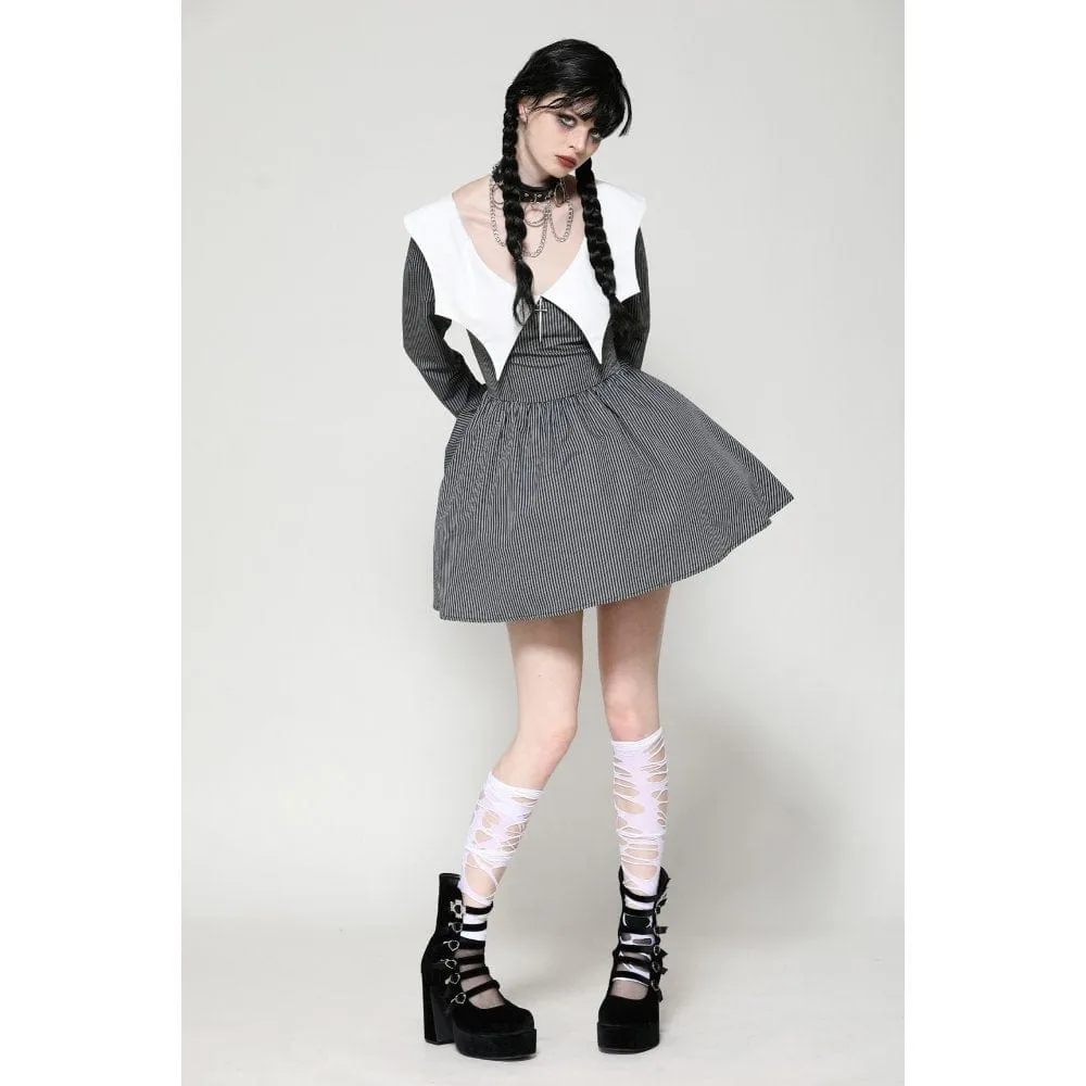 Women's Gothic Lolita Bat Striped Short Dress Gray White