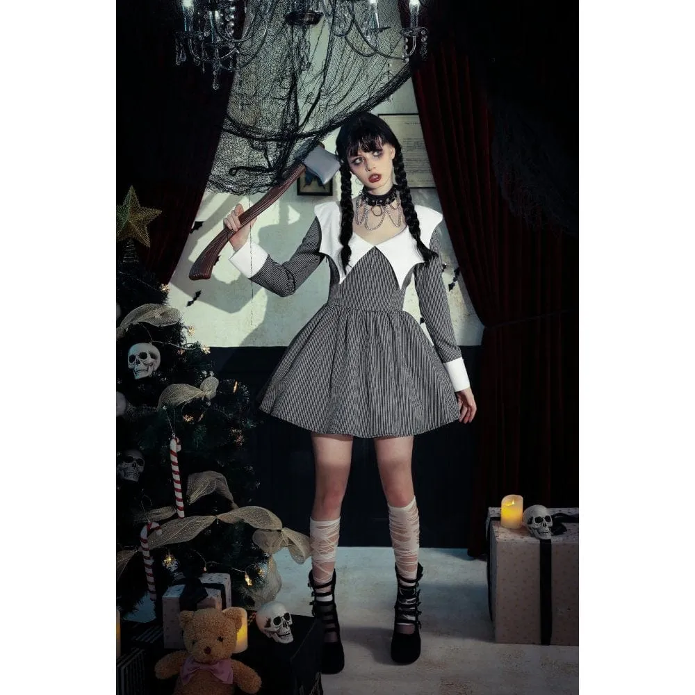 Women's Gothic Lolita Bat Striped Short Dress Gray White