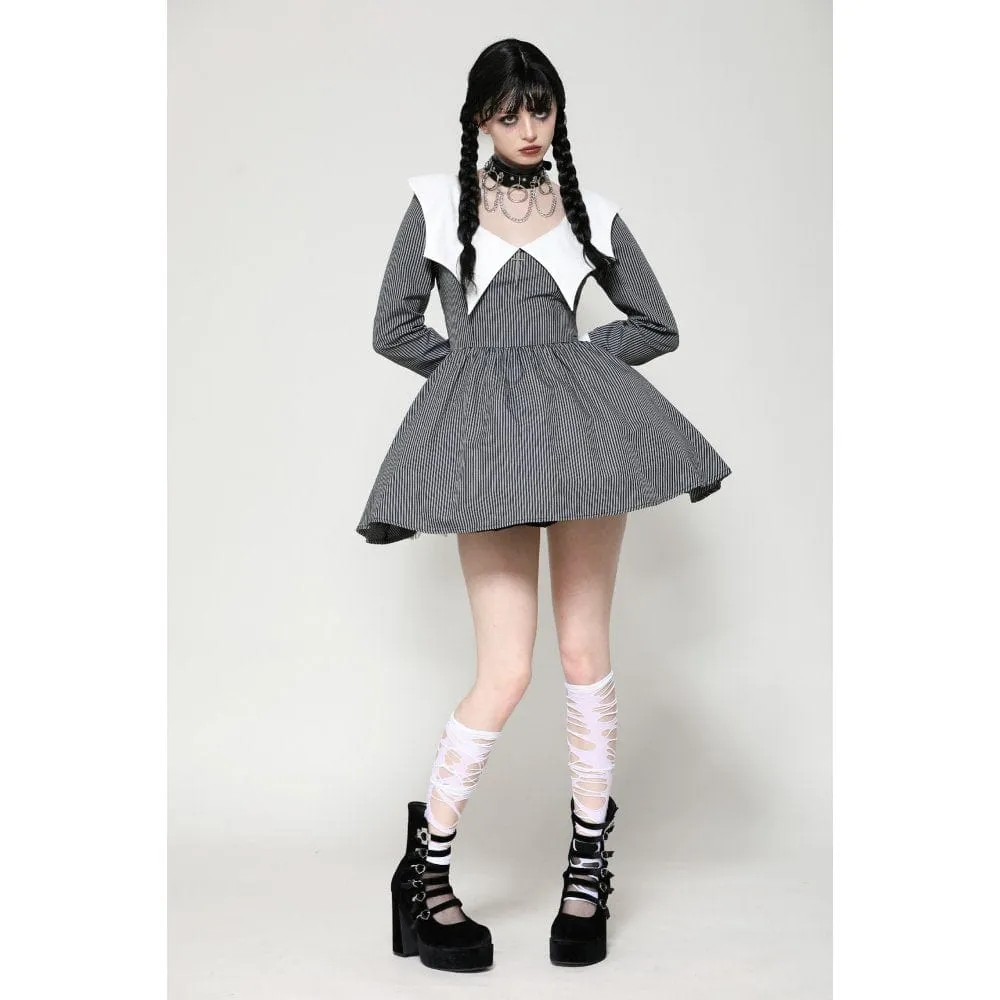 Women's Gothic Lolita Bat Striped Short Dress Gray White