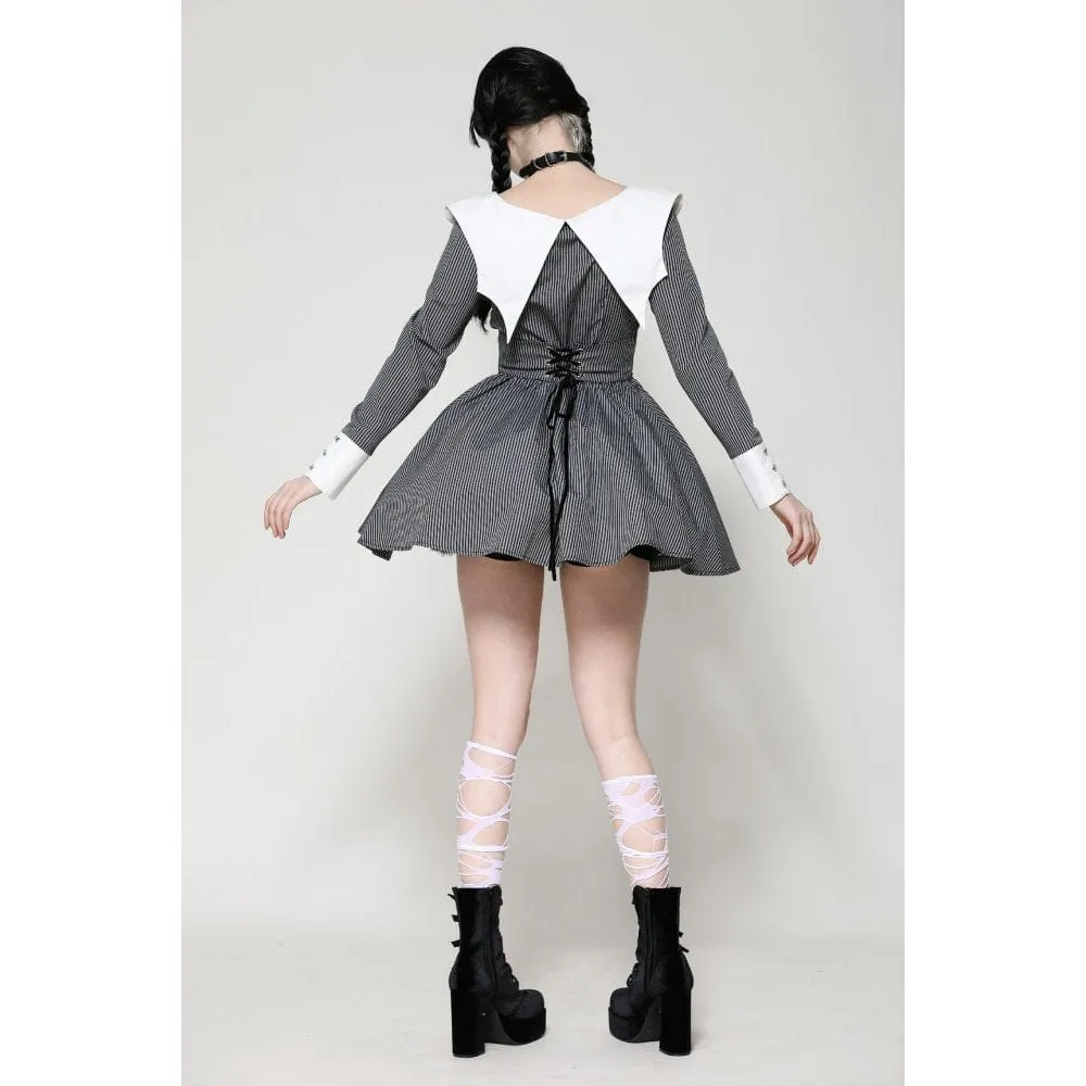 Women's Gothic Lolita Bat Striped Short Dress Gray White